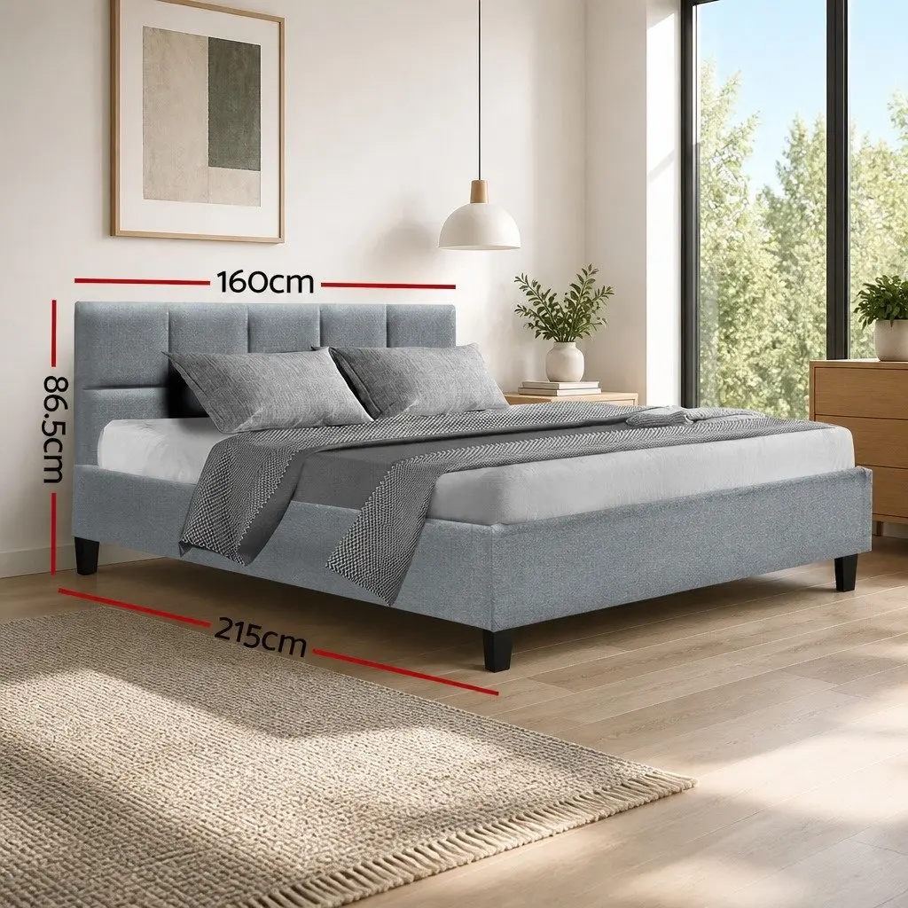 Grey Upholstered Queen Bed Frame with Solid Wood Base