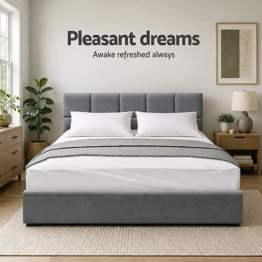 Grey Upholstered Queen Bed Frame with Solid Wood Base