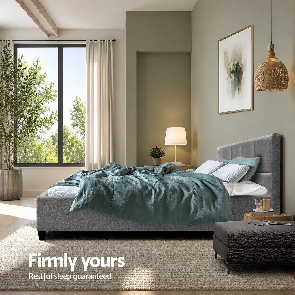 Grey Upholstered Queen Bed Frame with Solid Wood Base