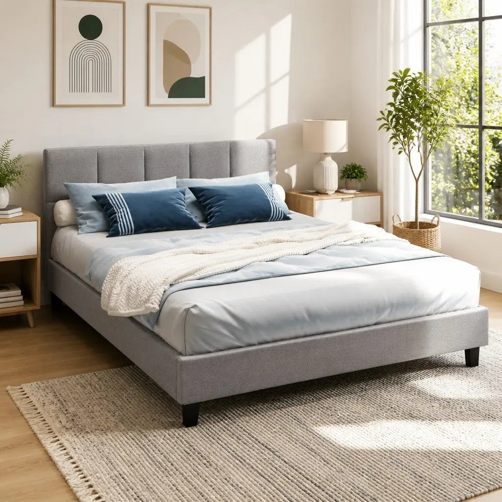 Grey Upholstered Queen Bed Frame with Solid Wood Base