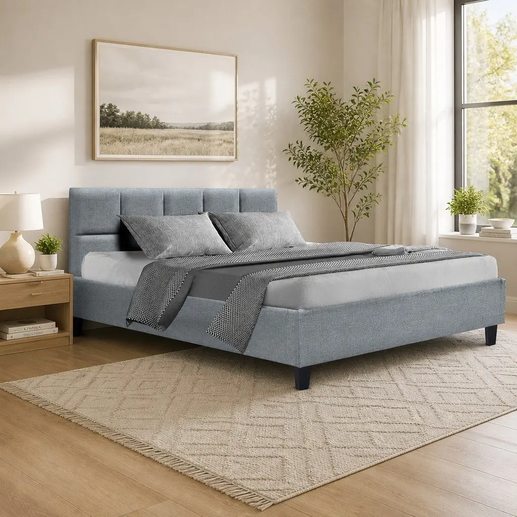 Grey Upholstered Queen Bed Frame with Solid Wood Base