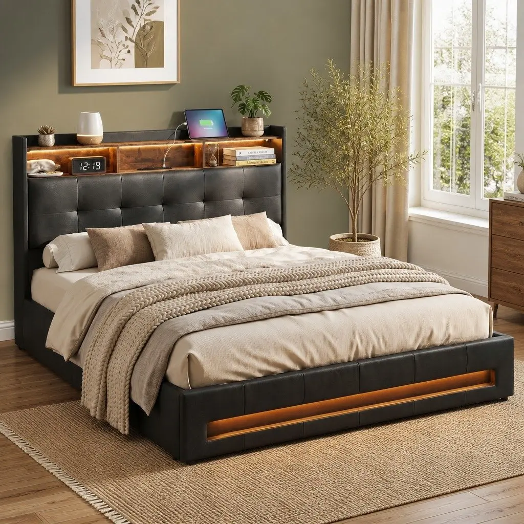 Double Bed Frame Bedroom Gas Lift Storage LED Lights Charging Station Black 145W x 208L x 119H cm