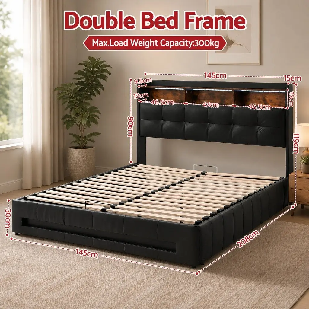 Double Bed Frame Bedroom Gas Lift Storage LED Lights Charging Station Black 145W x 208L x 119H cm