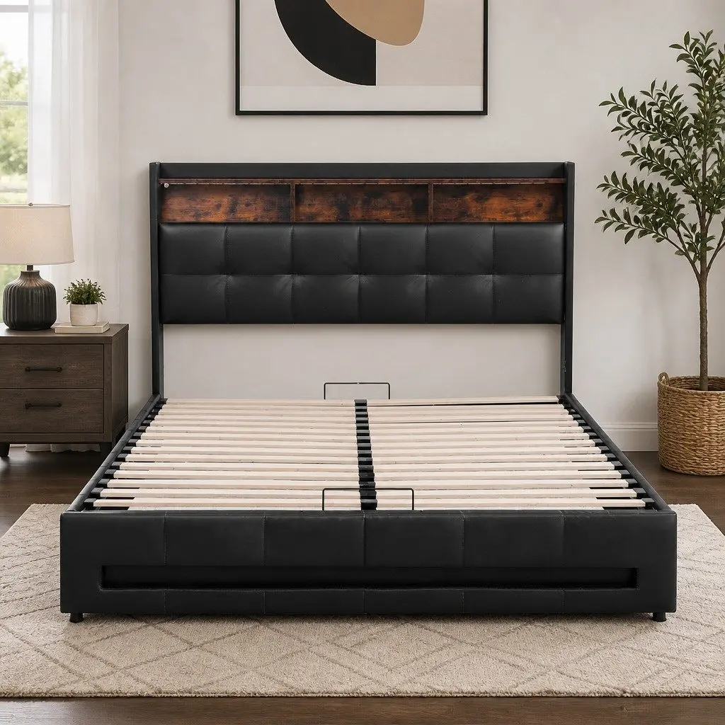 Double Bed Frame Bedroom Gas Lift Storage LED Lights Charging Station Black 145W x 208L x 119H cm