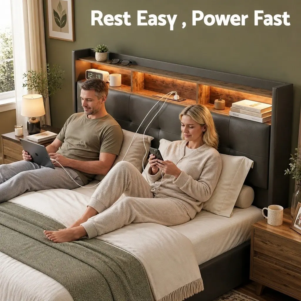 Double Bed Frame Bedroom Gas Lift Storage LED Lights Charging Station Black 145W x 208L x 119H cm