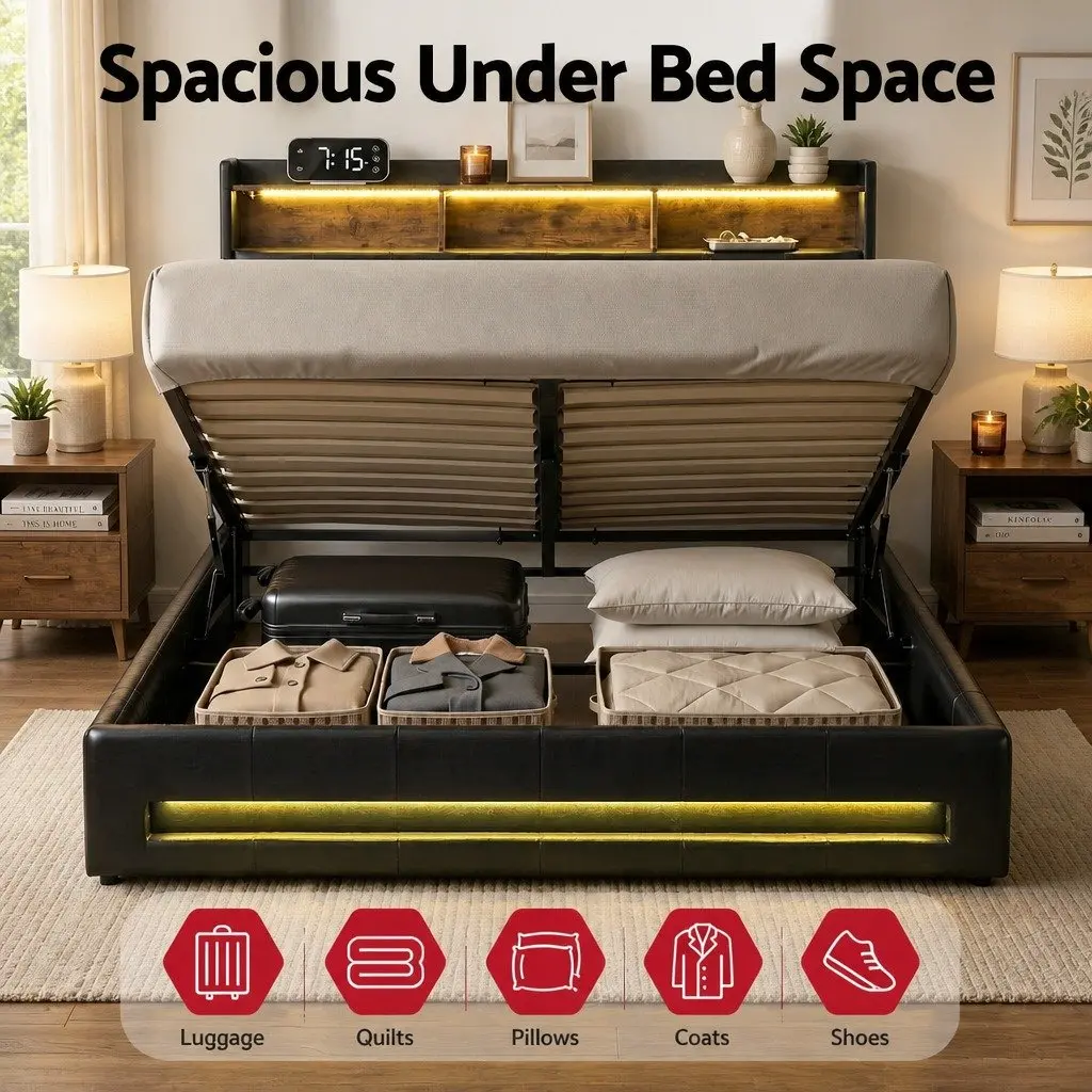 Double Bed Frame Bedroom Gas Lift Storage LED Lights Charging Station Black 145W x 208L x 119H cm