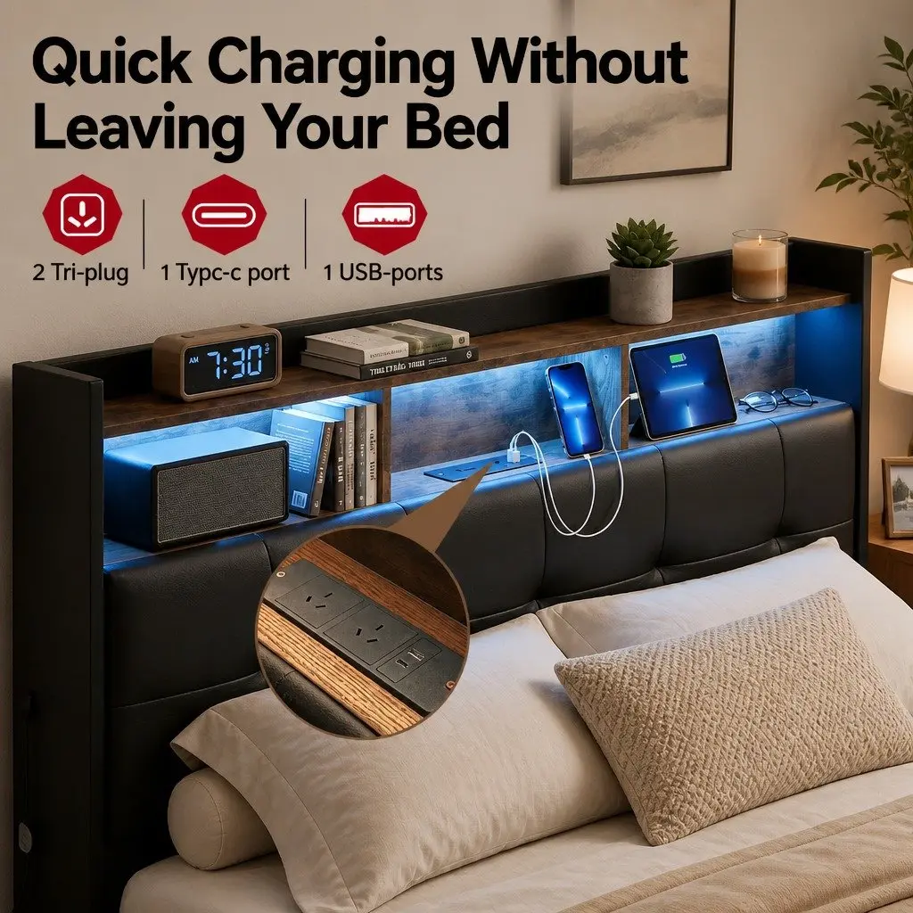 Double Bed Frame Bedroom Gas Lift Storage LED Lights Charging Station Black 145W x 208L x 119H cm