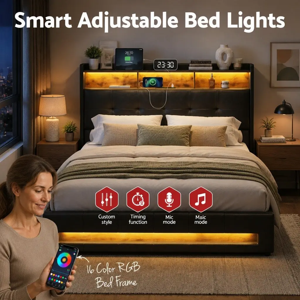 Double Bed Frame Bedroom Gas Lift Storage LED Lights Charging Station Black 145W x 208L x 119H cm