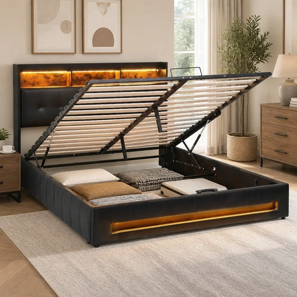 Double Bed Frame Bedroom Gas Lift Storage LED Lights Charging Station Black 145W x 208L x 119H cm