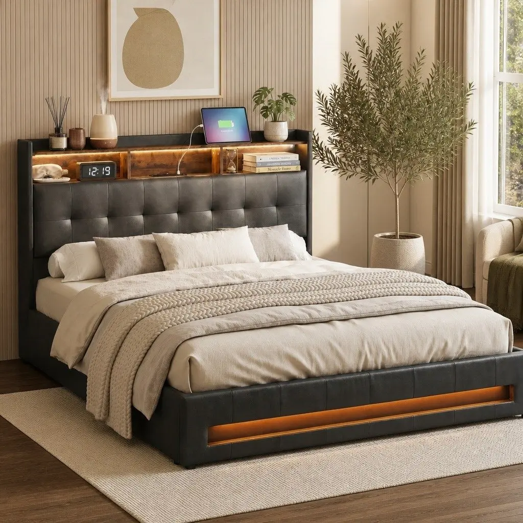 Queen Bed Frame for Bedroom with Gas Lift Storage LED Lights Charging Station
