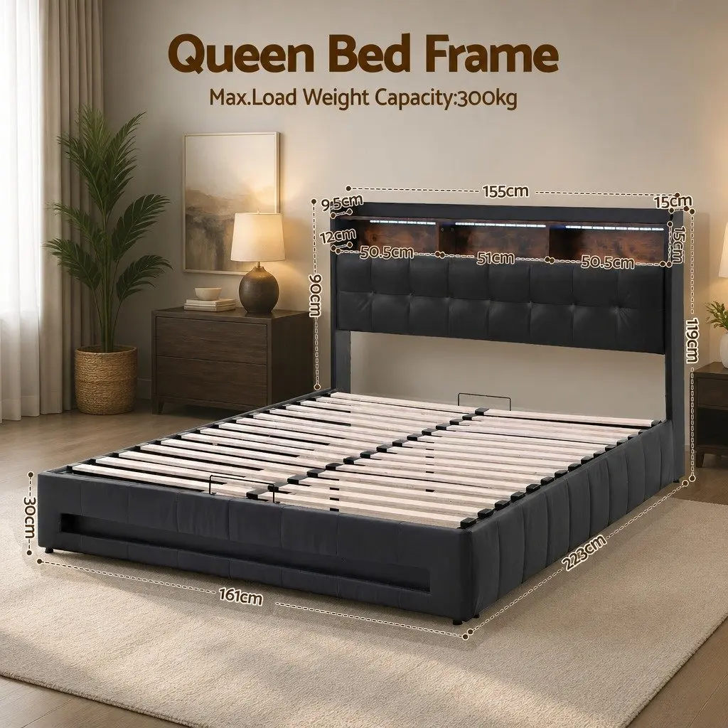 Queen Bed Frame for Bedroom with Gas Lift Storage LED Lights Charging Station