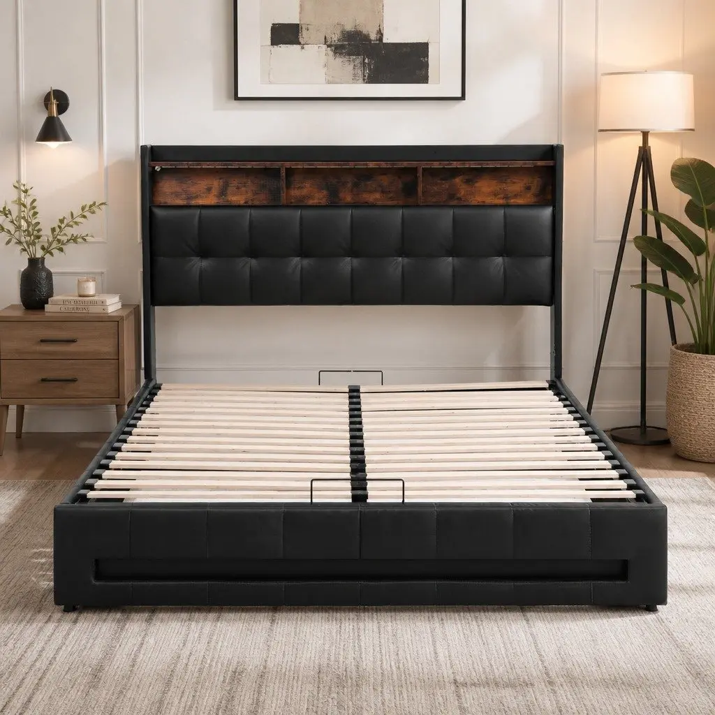 Queen Bed Frame for Bedroom with Gas Lift Storage LED Lights Charging Station
