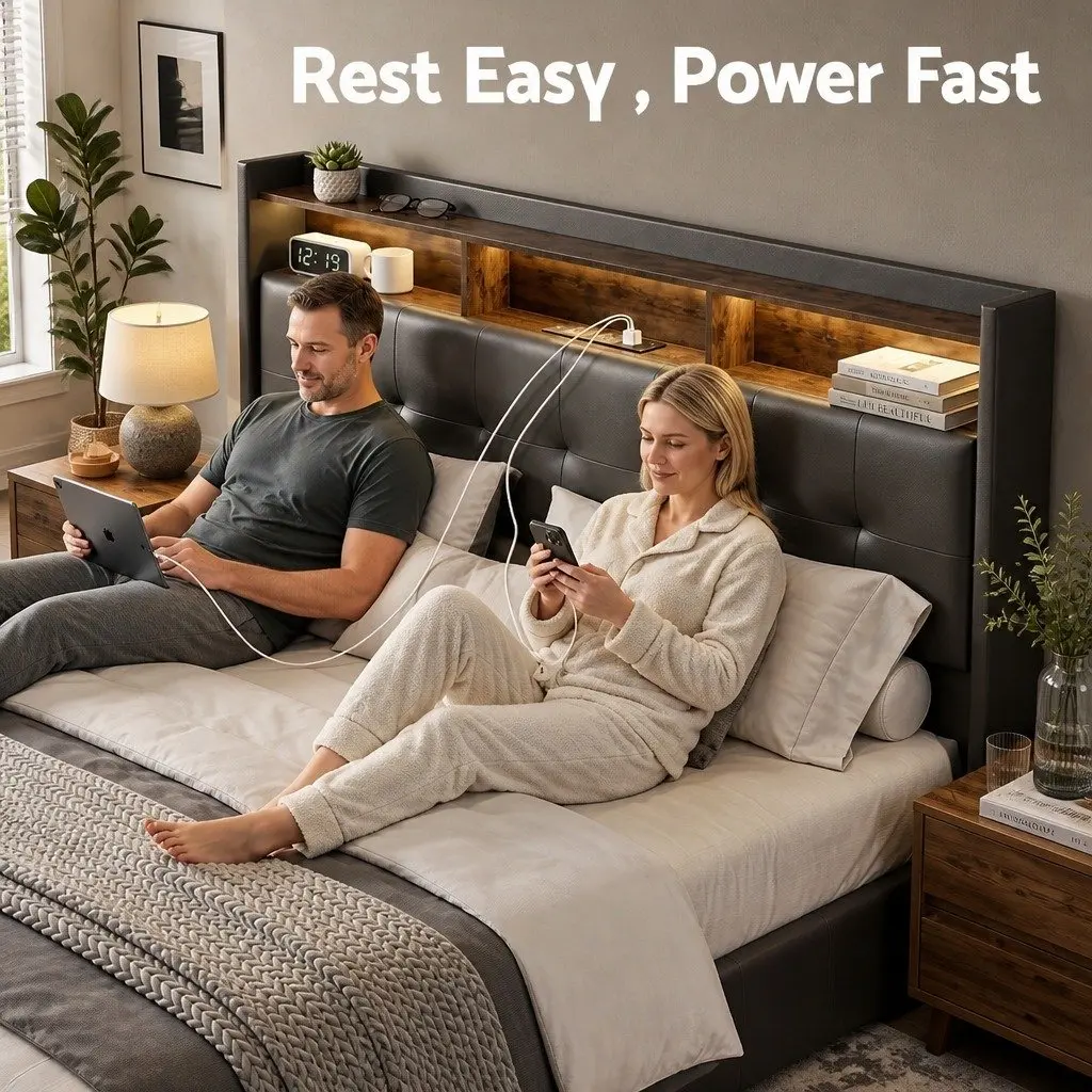 Queen Bed Frame for Bedroom with Gas Lift Storage LED Lights Charging Station