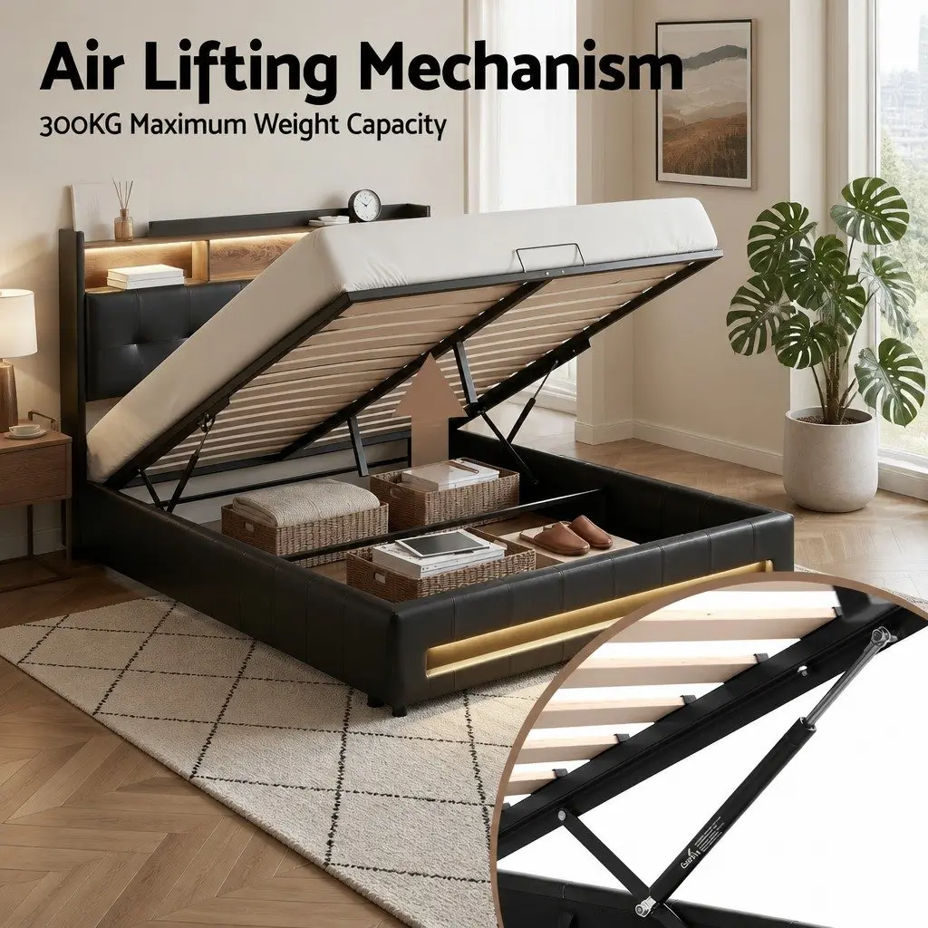 Queen Bed Frame for Bedroom with Gas Lift Storage LED Lights Charging Station