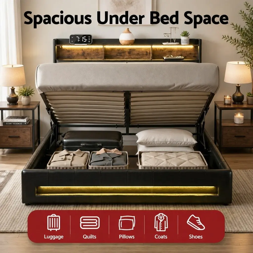 Queen Bed Frame for Bedroom with Gas Lift Storage LED Lights Charging Station