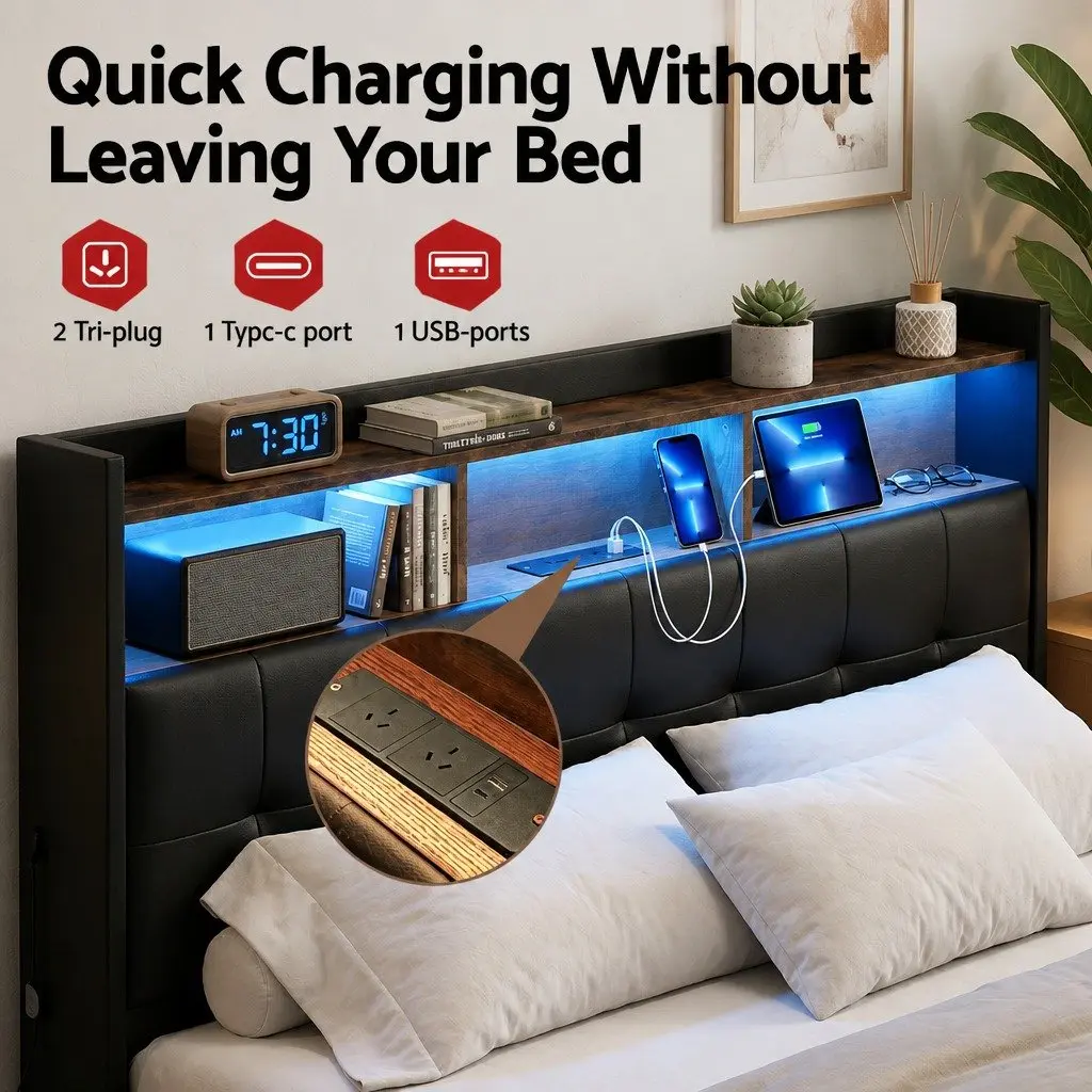 Queen Bed Frame for Bedroom with Gas Lift Storage LED Lights Charging Station