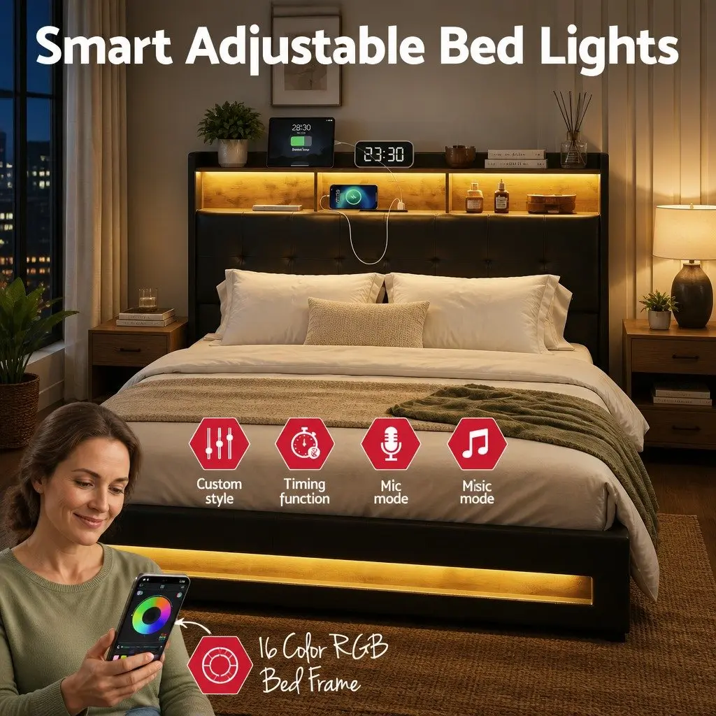 Queen Bed Frame for Bedroom with Gas Lift Storage LED Lights Charging Station