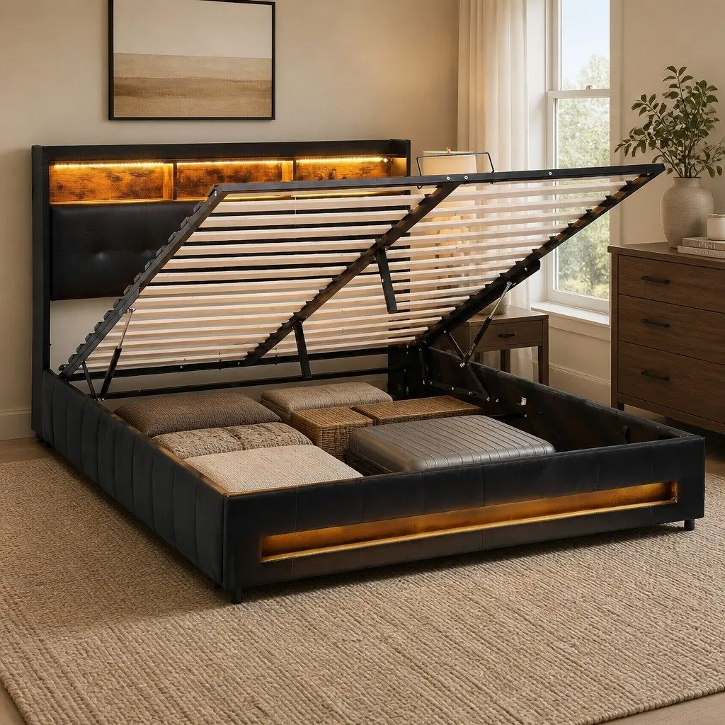 Queen Bed Frame for Bedroom with Gas Lift Storage LED Lights Charging Station