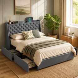 Double Bed Frame with 4 Storage Drawers Tufted Wingback Headboard Charging