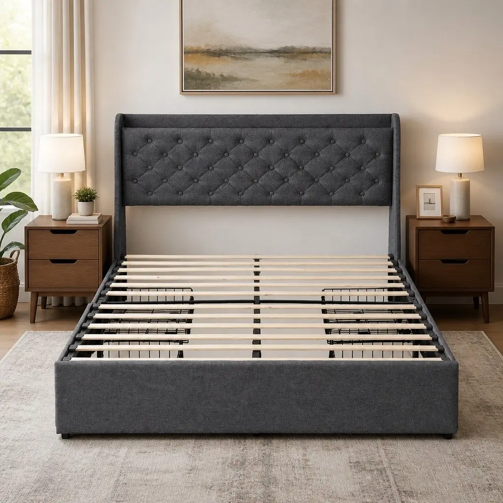Double Bed Frame with 4 Storage Drawers Tufted Wingback Headboard Charging