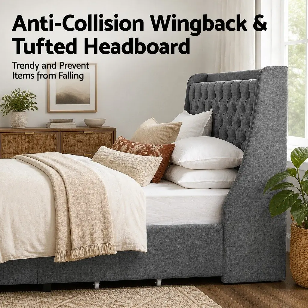 Double Bed Frame with 4 Storage Drawers Tufted Wingback Headboard Charging