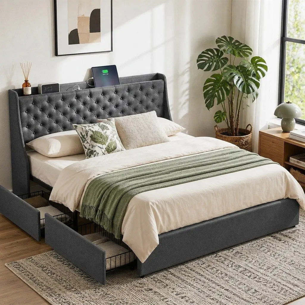 King Bed Frame with 4 Storage Drawers Tufted Wingback Upholstered Bedroom