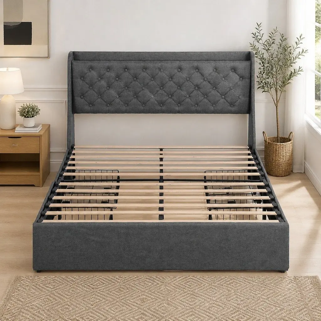 Queen Bed Frame with 4 Storage Drawers Tufted Wingback Headboard Charging