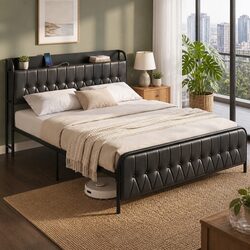 King Bed Frame with Storage Headboard and Charging Station Black Upholstered