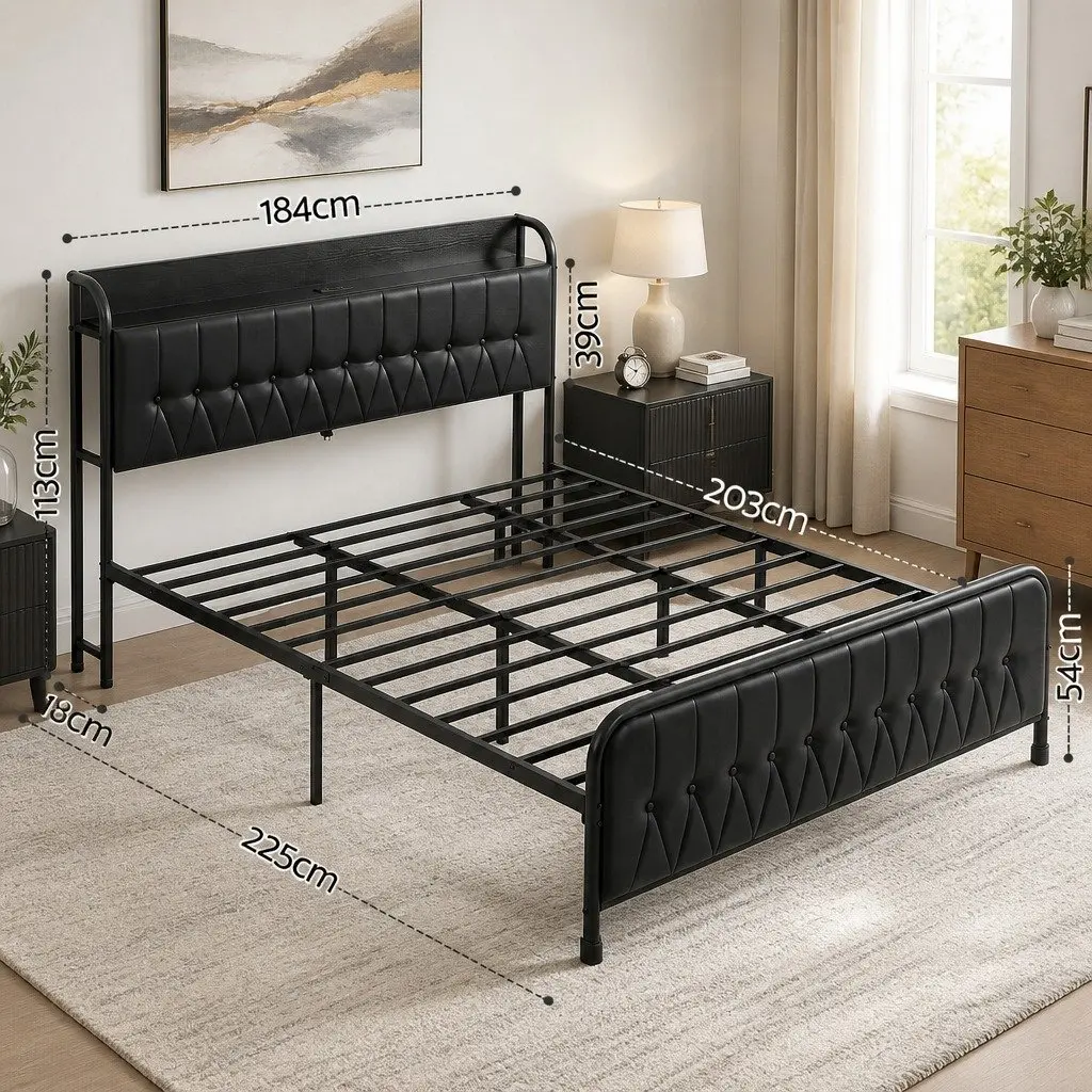 King Bed Frame with Storage Headboard and Charging Station Black 184W x 225L x 113H cm