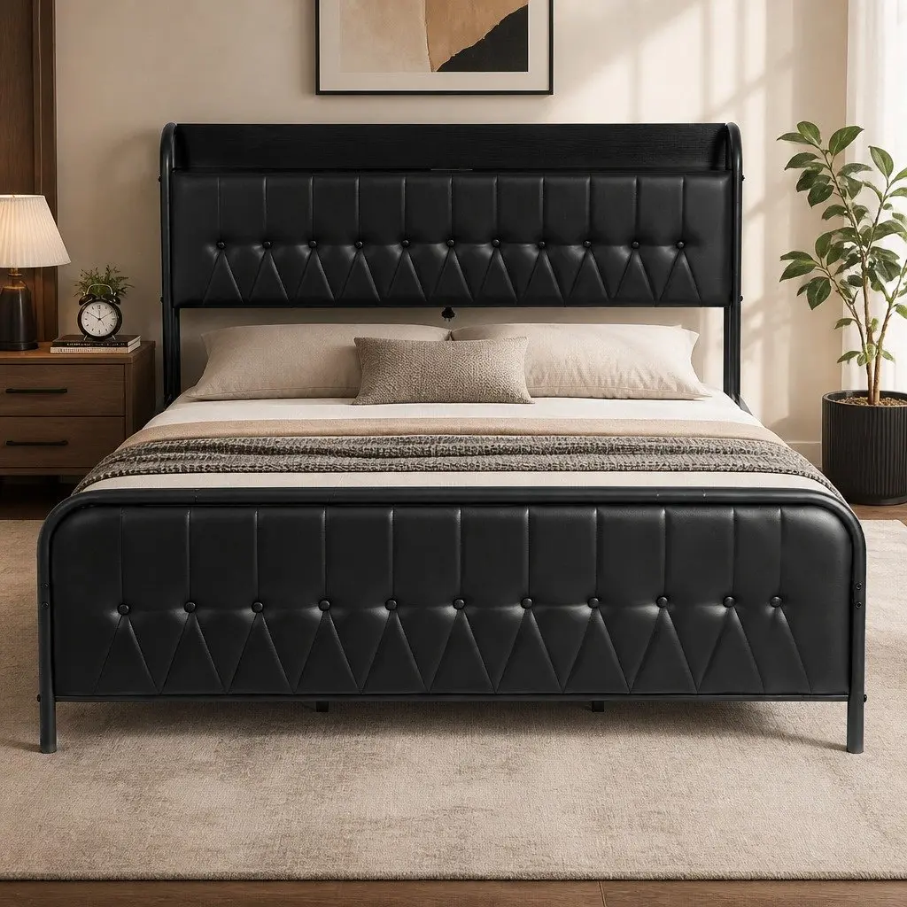 King Bed Frame with Storage Headboard and Charging Station Black 184W x 225L x 113H cm