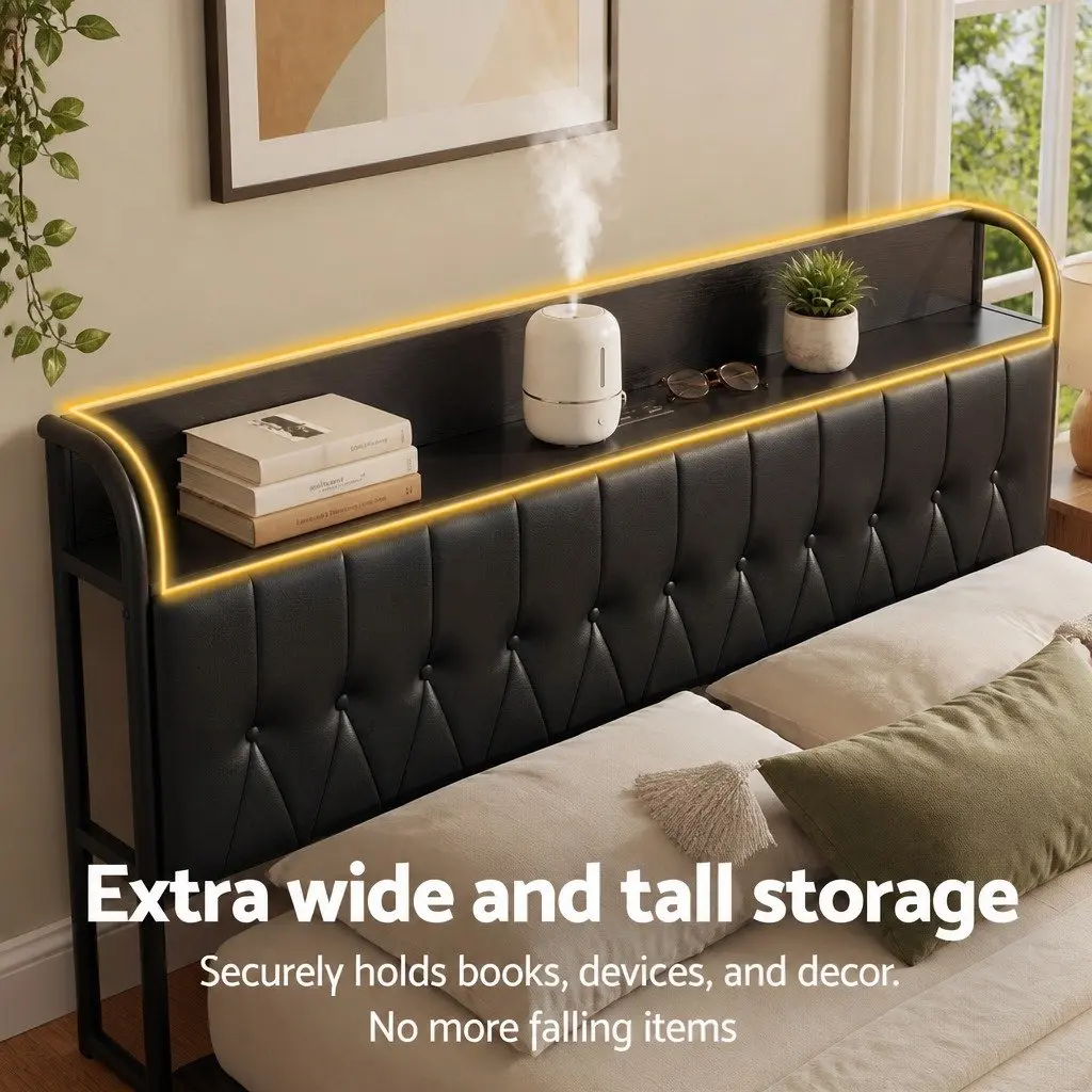 King Bed Frame with Storage Headboard and Charging Station Black 184W x 225L x 113H cm