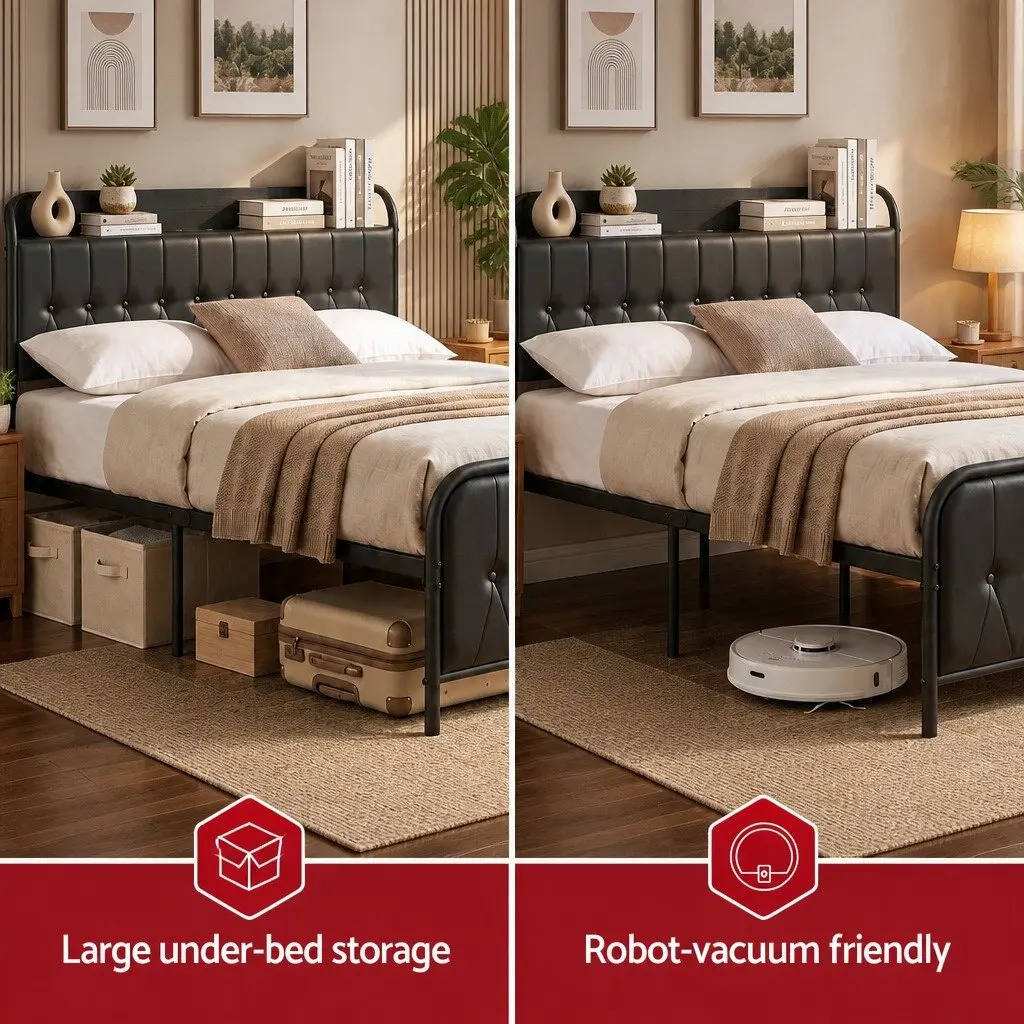 King Bed Frame with Storage Headboard and Charging Station Black 184W x 225L x 113H cm
