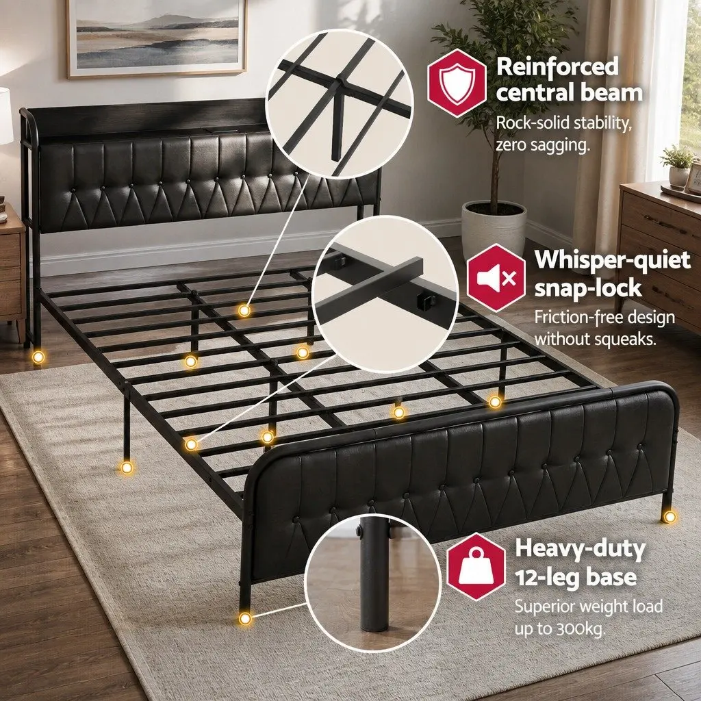 King Bed Frame with Storage Headboard and Charging Station Black 184W x 225L x 113H cm
