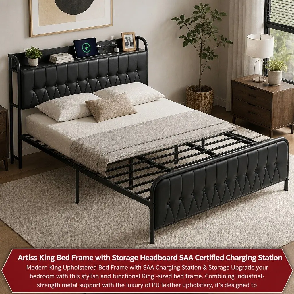 King Bed Frame with Storage Headboard and Charging Station Black 184W x 225L x 113H cm