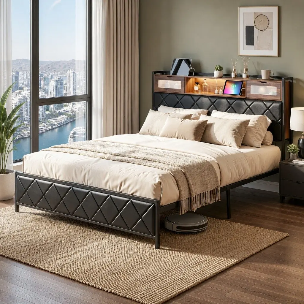 King Bed Frame with LED and Storage Headboard