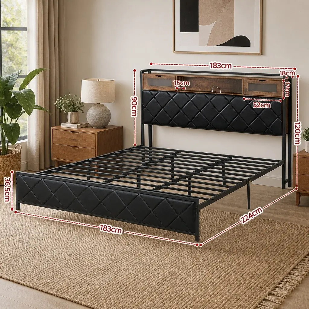 King Bed Frame for Bedroom with LED Lights Storage Headboard Charging Station Black