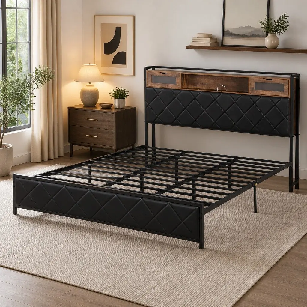King Bed Frame for Bedroom with LED Lights Storage Headboard Charging Station Black