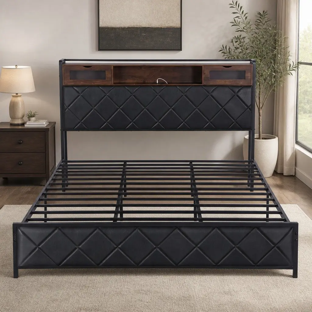 King Bed Frame for Bedroom with LED Lights Storage Headboard Charging Station Black
