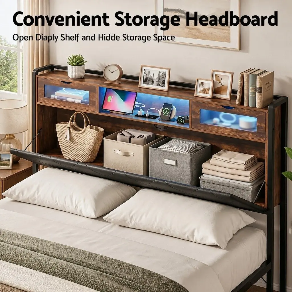 King Bed Frame for Bedroom with LED Lights Storage Headboard Charging Station Black