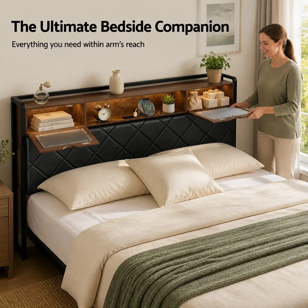 King Bed Frame for Bedroom with LED Lights Storage Headboard Charging Station Black