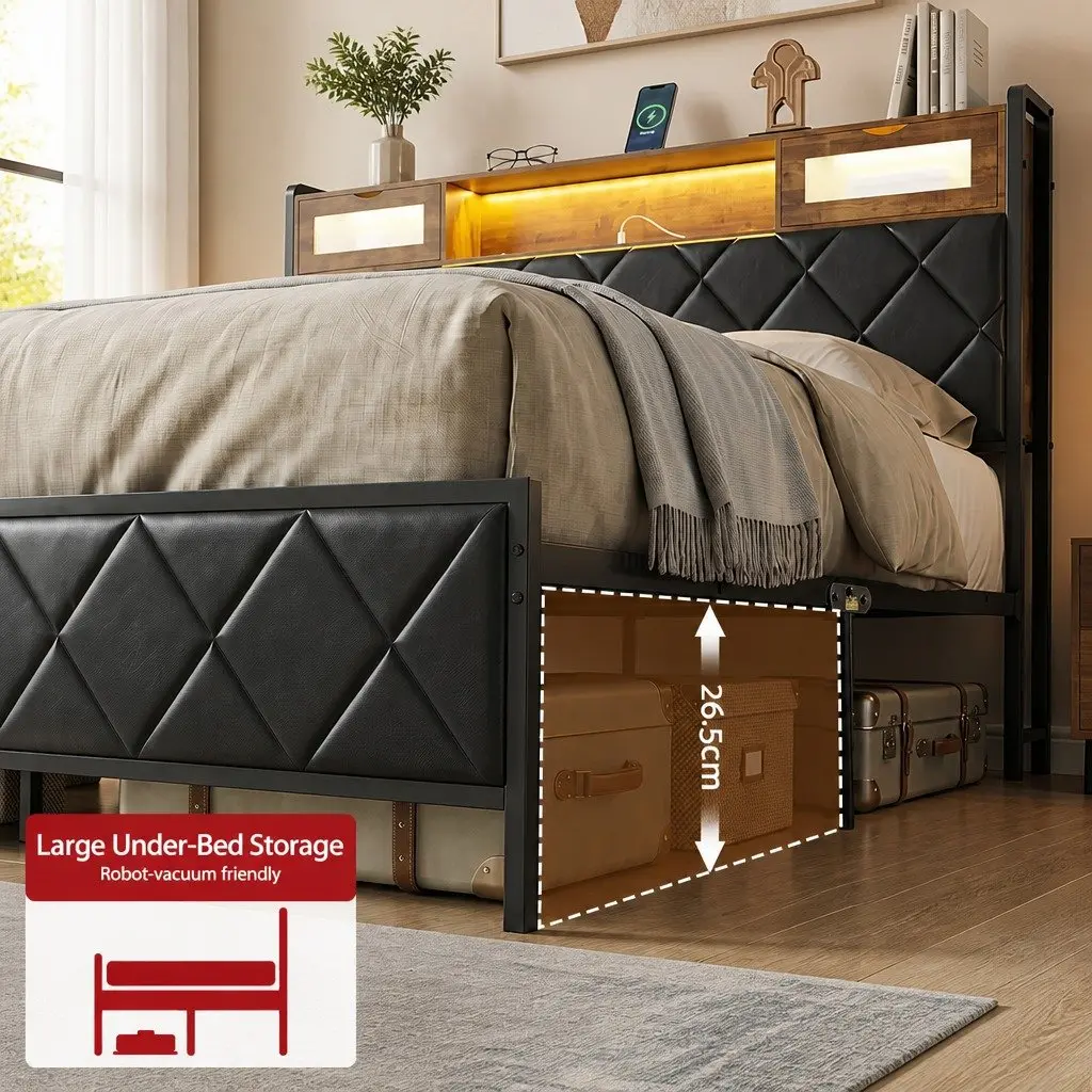 King Bed Frame for Bedroom with LED Lights Storage Headboard Charging Station Black