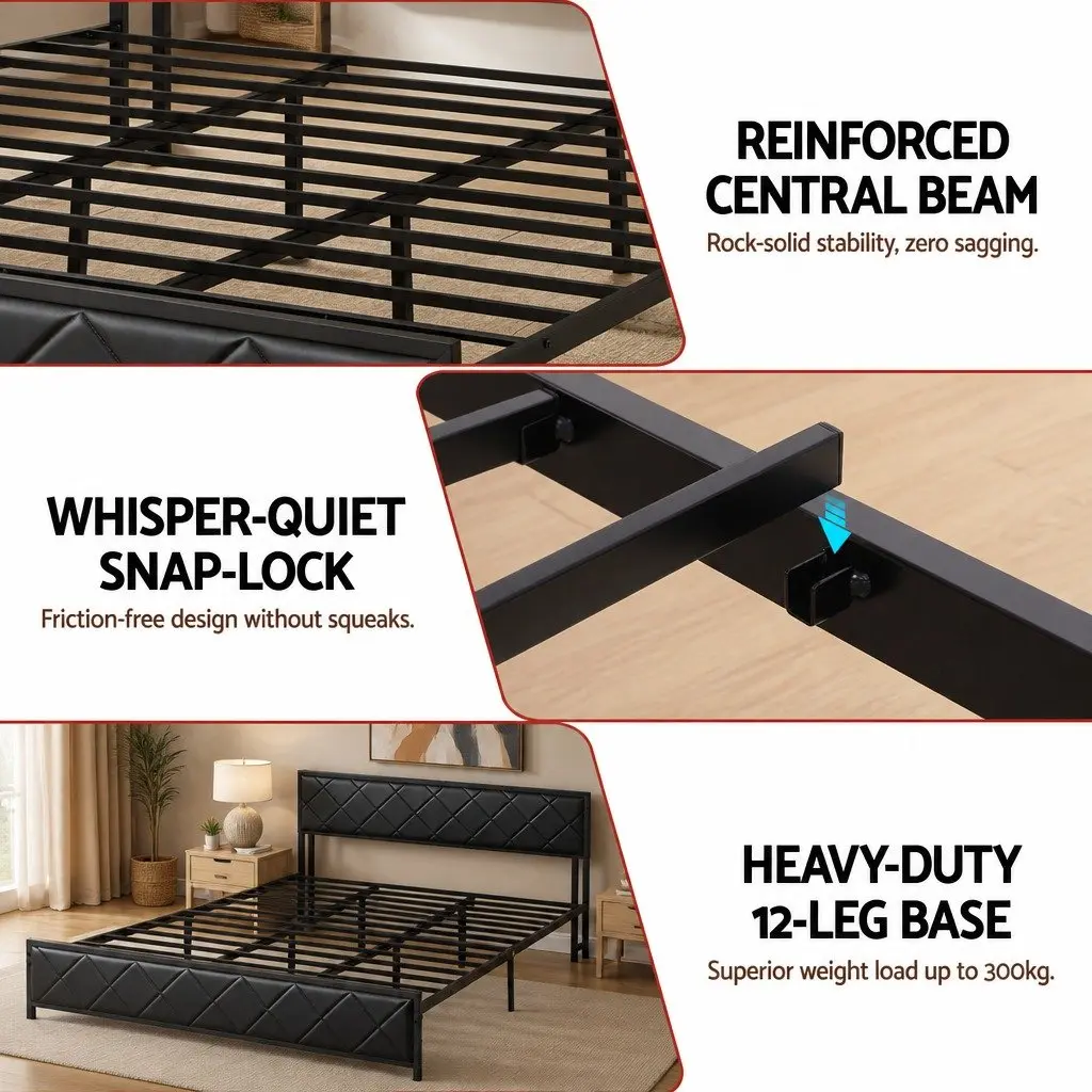 King Bed Frame for Bedroom with LED Lights Storage Headboard Charging Station Black