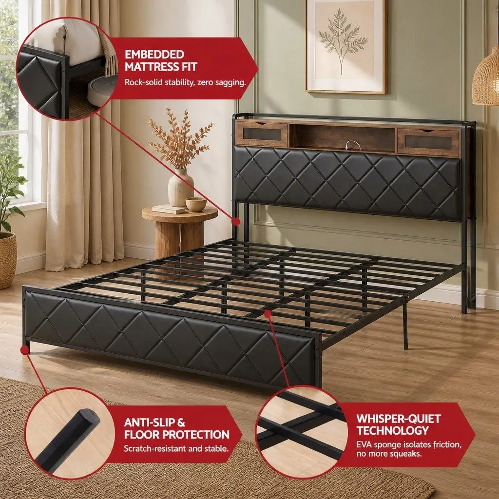 King Bed Frame for Bedroom with LED Lights Storage Headboard Charging Station Black