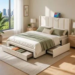 Double Bed Frame with Charging Station Storage Drawers Beige Upholstered