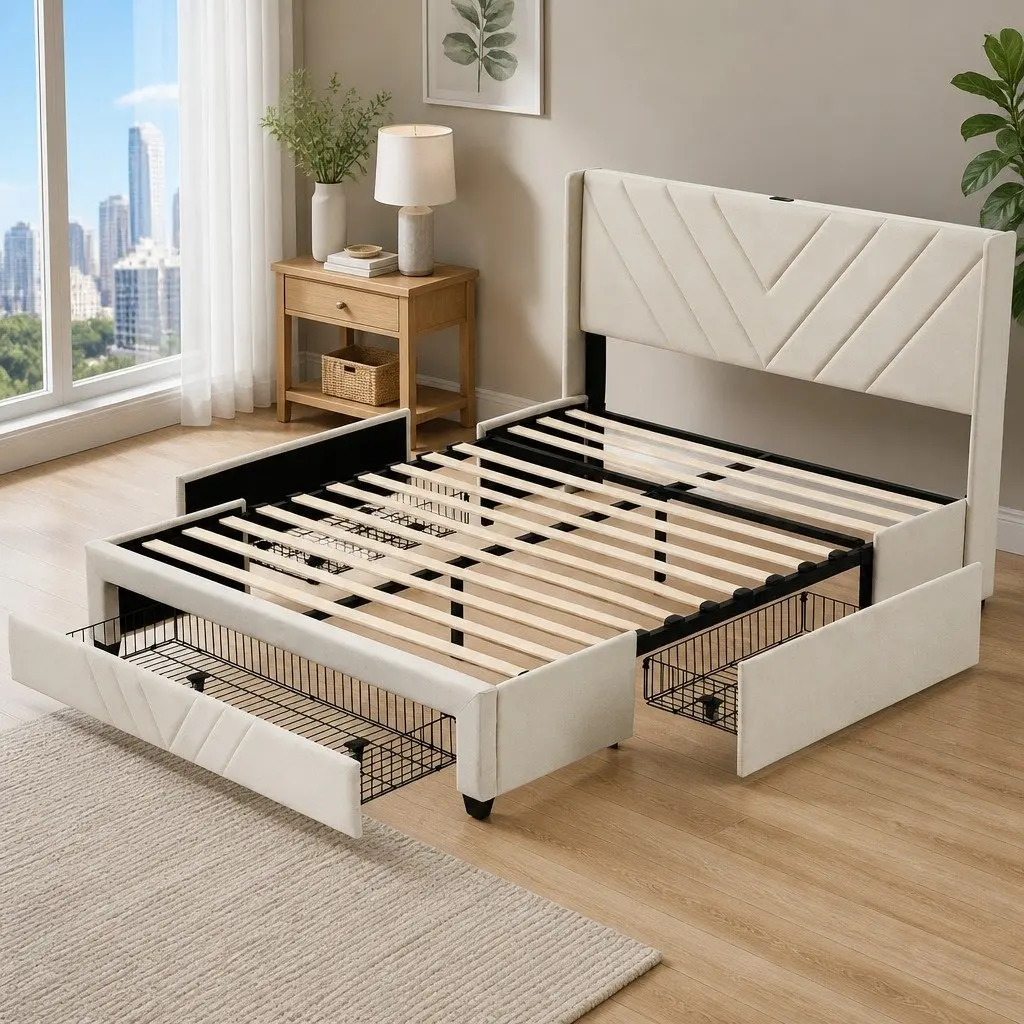 Double Bed Frame for Bedroom with Charging Station and Storage Drawers Beige Upholstered 145W x 202L x 107H cm