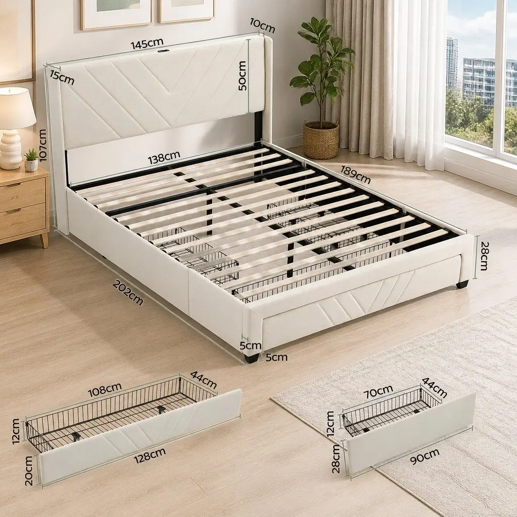 Double Bed Frame for Bedroom with Charging Station and Storage Drawers Beige Upholstered 145W x 202L x 107H cm
