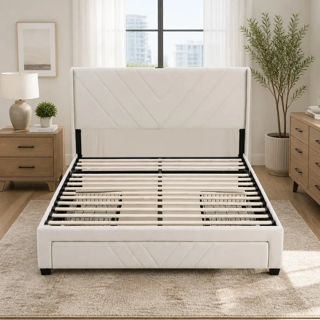Double Bed Frame for Bedroom with Charging Station and Storage Drawers Beige Upholstered 145W x 202L x 107H cm