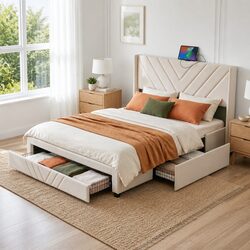 King Bed Frame Dimensions: 191W x 215L cm with USB Charging