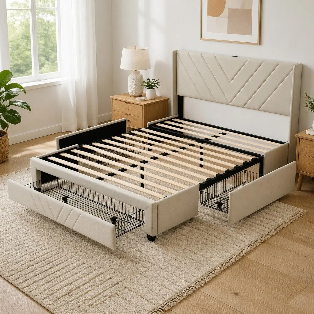 King Bed Frame for Bedroom with Storage Drawers and USB Charging Station Beige 191x215x107cm
