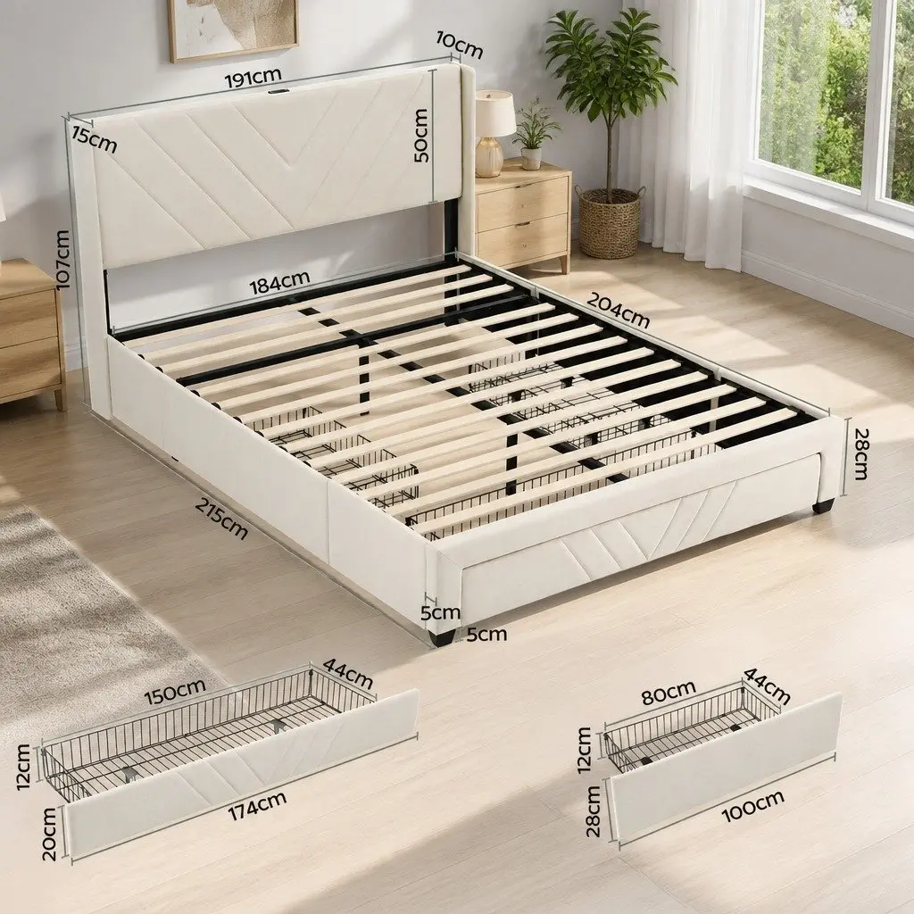 King Bed Frame for Bedroom with Storage Drawers and USB Charging Station Beige 191x215x107cm
